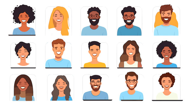 Diverse Characters: A colorful set of diverse character avatars in different skin tone and hair style, each person displaying a unique expression of joy and individuality.