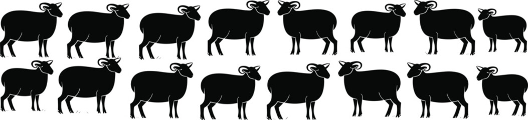 Rural Farm Sheep Silhouettes Collection, Various Standing Poses of Domestic Livestock, Agricultural Animal Vector Graphics for Farming, Wool, and Countryside Designs