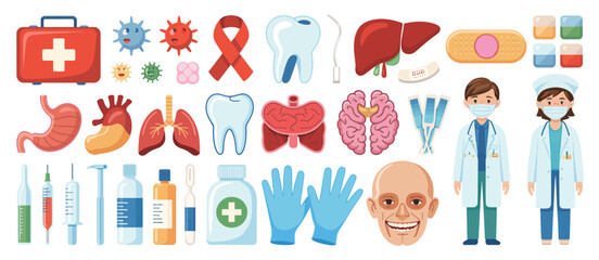 Medical icons set human organs doctors and equipment