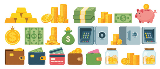 Cartoon illustrations of money gold and savings