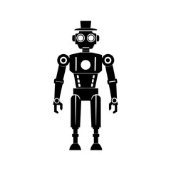 Monochrome Robot Illustration Showing a Retro Design With a Hat and Mechanical Limbs Standing on a White Background