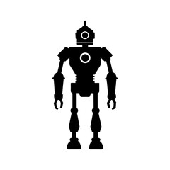 Monochrome Robot Illustration Showing a Retro Design With a Hat and Mechanical Limbs Standing on a White Background