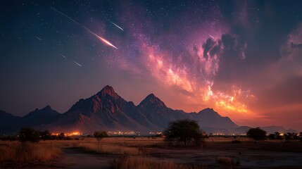 Meteor shower over dark desert landscape, star trails above sand dunes, astronomical event for science magazines, observatory promotions, and adventure travel posters.