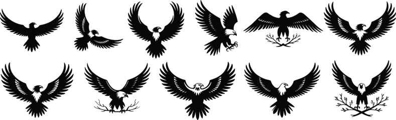 Diverse Eagle Silhouette Collection, Dynamic and Static Poses, Perched and Flying, Majestic Bird of Prey Vector Graphics, Symbolizing Strength, Freedom, and Heritage for Logos and Designs