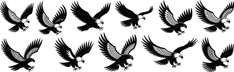 Dynamic Eagle Flight Poses Collection, Majestic Bird of Prey Silhouettes, Powerful Wingspan, Freedom Symbol, Wildlife Nature Vector Graphics for Logos and Designs, High-Quality Illustrations