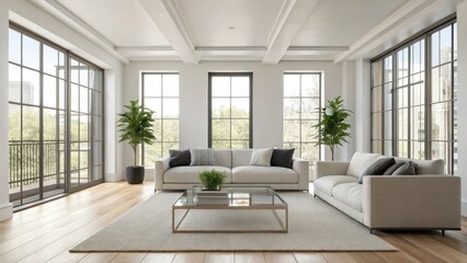 Modern living room with large windows, stylish furniture, and greenery enhancing the bright atmosphere.