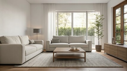 Fototapeta premium Modern living room with natural light, minimal decor, and cozy furniture.