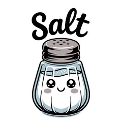 A cute salt shaker character features a happy face with blushing cheeks and sparkling eyes. The word Salt