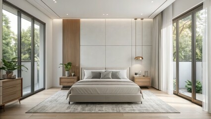 Modern bedroom with large windows, natural light, and minimalist decor elements.