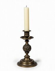 Antique brass candlestick holder with decorative sphere and candle
