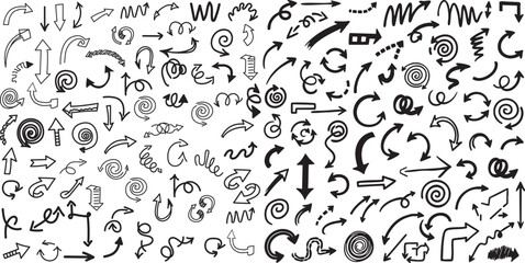 Hand Drawn Doodle Arrow Set Curved, Spiral, Wavy and Circular Arrows Collection on White Background Hand drawn arrow set featuring curved, straight, dotted, and swirled arrows design