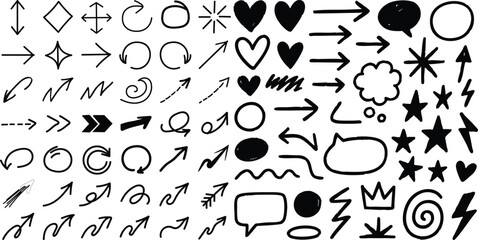 Hand Drawn Doodle Elements Arrows, Hearts, Stars, Speech Bubbles, and Icons on White Background Flat arrow vector, diverse direction vector illustration
