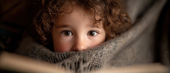 Curious child with curly hair peeking over a cozy blanket indoors, expressing innocence and wonder Concept of childhood, comfort, and security