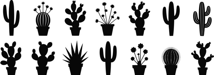Collection of twelve black cactus and succulent plant icons in pots, silhouette vector style for decoration, gardening, botanical design, minimal nature themed clipart