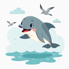 Obraz premium Happy Cartoon Dolphin Jumping Vector Illustration