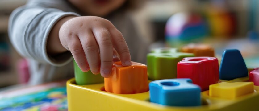 Toddler playing with colorful shape sorter toy indoors, developing fine motor skills and handeye coordination in early childhood education