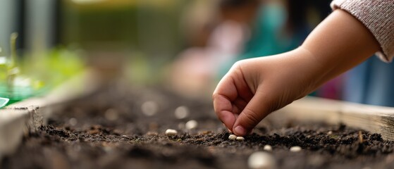Closeup of childs hand planting seeds in fertile soil in a raised garden bed Concept of gardening, sustainability, childhood, and environmental awareness
