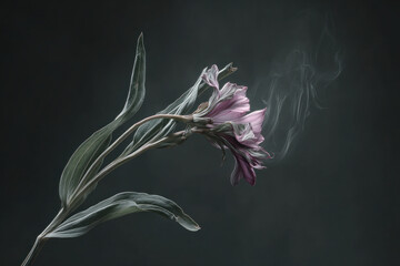 A purple flower droops gracefully, releasing delicate wisps of smoke against a dark backdrop, evoking a sense of calm