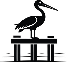 Pelican on Dock Piling Vector, Bird Icon Clipart