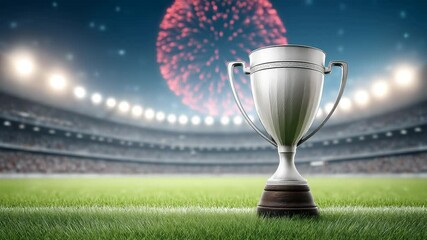 Trophy stands on a green stadium lawn with fireworks and falling confetti in the background. Symbol of triumph and victory in a sports championship or tournament final. - Powered by Adobe