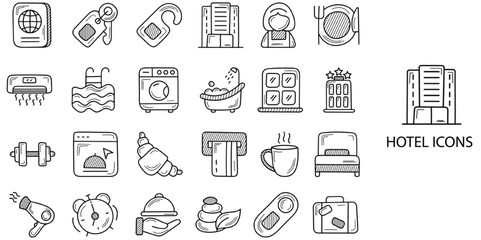 Hotel simple concept 24 hand drawn icons set .Vector illustration.