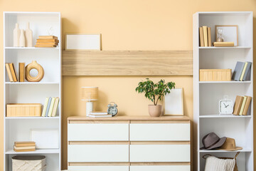 Interior of room with bookshelves and commode