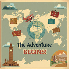 Retirement banner, adventure travel theme, illustrated world map background, vintage luggage, airplane flying across the globe, playful handwritten text saying "The Adventure Begins!", travel-inspired