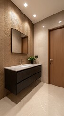 Elegant bathroom design showcasing a modern vanity, stylish wall textures, and a minimalist aesthetic appealing to home decor enthusiasts.