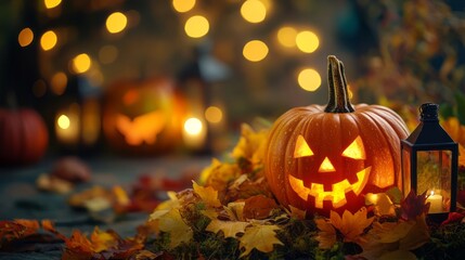 Wooden table with pumpkins, with halloween background	
