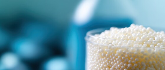Closeup of white polymer beads in a clear beaker against a blurred blue background Concept of chemistry, science, and material science in laboratory