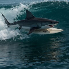 Fototapeta premium Shark on Surfboard in Ocean Wave