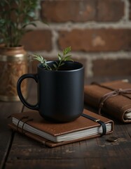 Black Mug of Coffee with Brown Leather Notebook on Dark Wooden Desk against Brick Wall.