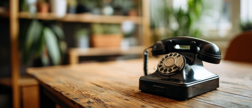 Vintage black rotary dial telephone on a rustic wooden table indoors, showcasing retro communication and classic design with a nostalgic mood