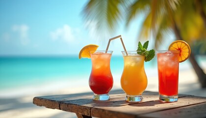 Colorful cocktails on tropical beach. Refreshing cold alcohol drinks with straws, ice and orange slices. Vacation, holiday, celebration, relaxing summer beverages with ocean, palm trees background.