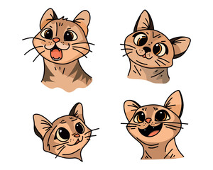 Adorable Brown Cats with Big Expressive Eyes and Various Happy Expressions in a Charming Vector Illustration Set Perfect for Kids' Designs and Nursery Decor. Vector illustration.