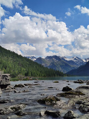 Mountain rapids Shumy between crystal clear Multinskiye Lakes in Altai, Russia