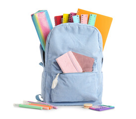 School backpack with stationery isolated on white background