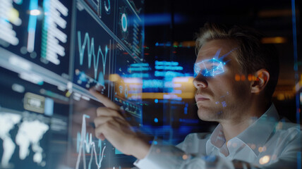 Fusion of Future: AI-Powered Hologram on Modern Trading Floor, Traders Engaged with Data Analytics, Revolutionizing Bond Market.