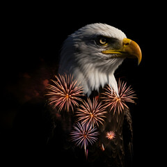 Obraz premium symbol of American pride, with a dramatic solid black background. The eagle's head and neck are pure white. The atmosphere of the United States Independence Day (July 4th), symbolizes freedom and cele