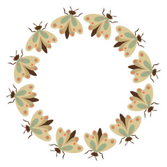 Moths circle frame. Round border made of moth insect. Vector flat wreath isolated on white background