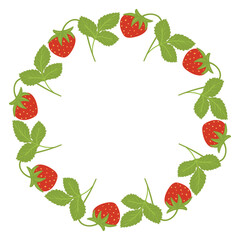 Strawberry plant circle frame. Round border made of strawberries. Vector flat wreath isolated on white background