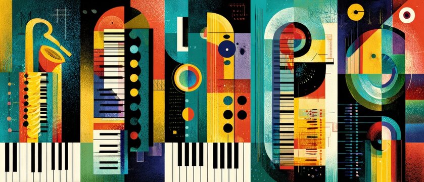 Vibrant abstract musical instruments collage featuring piano keys, saxophone, and geometric shapes in a colorful and modern artistic composition