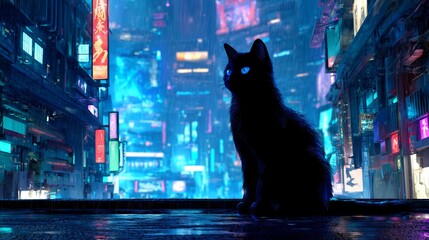 black cat with blue eyes on rainy neon city rooftop with glowing lights