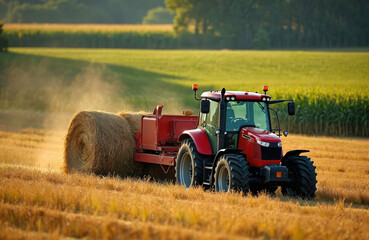 Obraz premium Red tractor baling hay in field during sunset. Agricultural machinery, harvesting equipment. Tractor pulls hay bales, collecting crops on farmland. Farm life scenery, farming industry, agribusiness