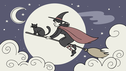 Halloween witch flying on broomstick with black cat under full moon. Magical night fantasy illustration.
