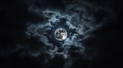 A full moon surrounded by dark clouds creating a dramatic and atmospheric night sky scenery view