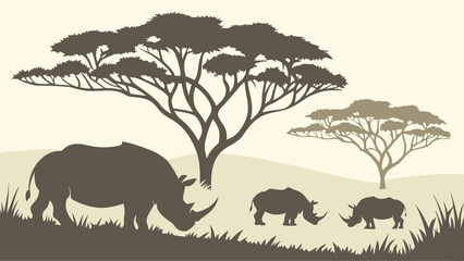 African rhino family silhouette on savanna landscape with acacia trees. Wild animals in nature at sunset.
