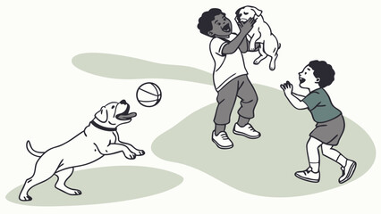 Happy children playing with dogs and a ball in the park. Joyful kids having fun outdoors with their pets, summer activity.
