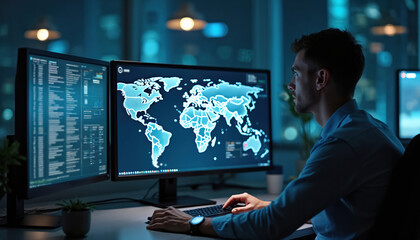 Man monitors fleet of trucks using computer. Man works in logistics control center, tracking routes, shipments. Computer screen displays world map, data charts. Global logistics tech.