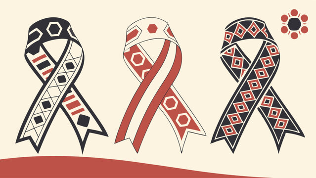 Indigenous awareness ribbons with tribal patterns. Red, black, and white cultural support symbols and ethnic designs.